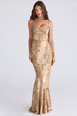 Gold Floral Print Satin Maxi Mermaid Prom Dress