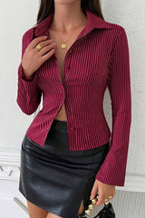 V Neck Striped Long Sleeve Blouse