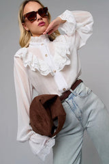Lace Trim Stand Collar Chiffon Blouse