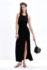 Elegant Knit Sleeveless Sweater Dress S / Black