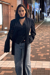 V Neck Striped Scarf Two Piece Blazer Skirt Set