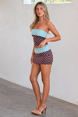 Polka Dot Bandeau Top High Waist Color Block Bodycon Skirt Set