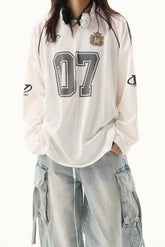 V Neck Graphic Print Oversized Raglan Long Sleeve Tee