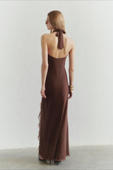 Solid Halter Deep V Back Lace Detail Long Prom Dress