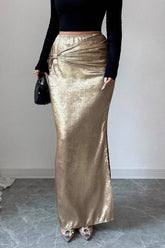 Metallic Ruched Slit Bodycon Pencil Skirt