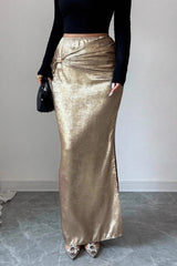 Metallic Ruched Slit Bodycon Pencil Skirt