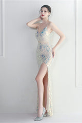 Iridescent Sequin Slit Bodycon Maxi Dress