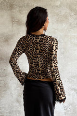 Crystal Rhinestone Leopard Print Tie Detail Long Sleeve Blouse