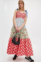 Gingham Patchwork Floral Print Boho Dress