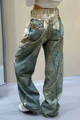 Lace Pearl Chain Printed Vintage Washed Casual Jeans