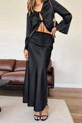V Neck Tie Front Satin Top Maxi Skirt Set