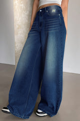Long Wide Leg Washed Blue Ripped Relaxed Jeans