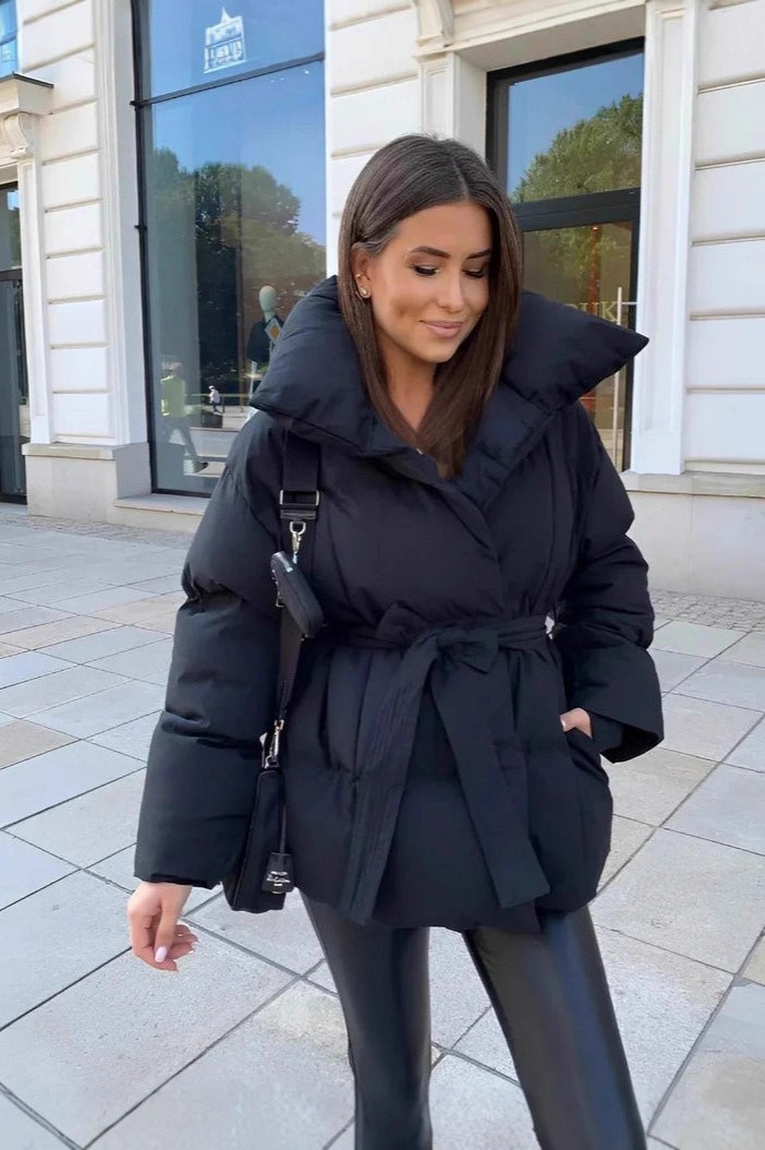 Oversized Solid Color Belted Puffer Jacket