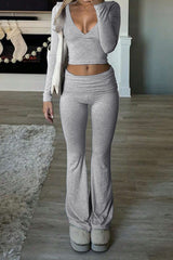 Casual V Neck Flared Stretch Two Piece Pants Set