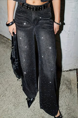 Rhinestone Embellished Wide Leg Jeans