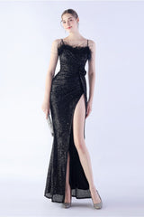 Ostrich Feather Embellished Maxi Dress