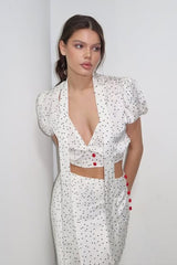 Polka Dot Satin V Neck Crop Top Mermaid Skirt Set