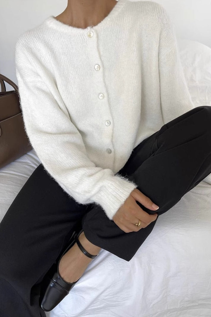 Solid Color Wool Blend Cardigan M / White