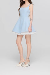 Square Neck Mesh Panel Mini Dress