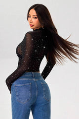 Long Sleeve Mesh Sequin Mandarin T-shirt