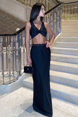 Lace Trim V Neck Cami Top Floor Length Skirt Set