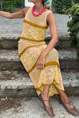 Hollow Knit Contrast Tank Sweater Dress