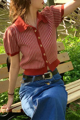 Thin Knit Turn down Collar Short Sleeve Cardigan Red / S