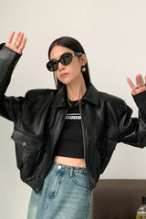 Short PU Leather Notch Lapel Jacket