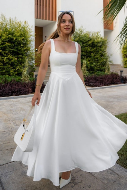 Solid Square Neck Sleeveless Cocktail Dress S / White