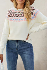 Jacquard Crew Neck Knit Pullover Sweater