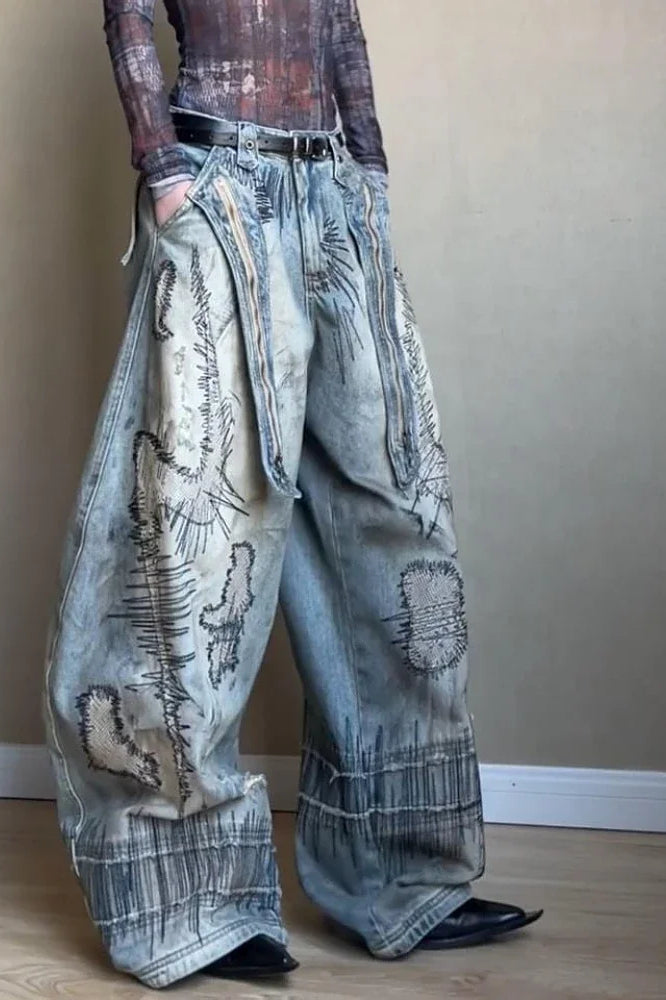 Needle Embroidered Wide Leg Jeans Blue / S