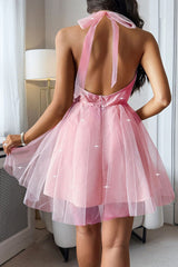 Lace Up Halter Deep Back Corset Ball Gown Mini Dress