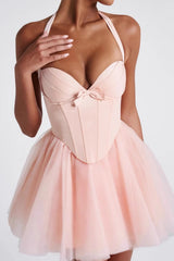 Boned Halter Lace Tie Waist Tulle Mini Dress