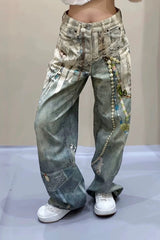 Lace Pearl Chain Printed Vintage Washed Casual Jeans
