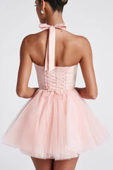 Boned Halter Lace Tie Waist Tulle Mini Dress