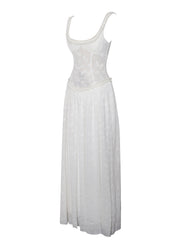 Ulissa White Square Neck Jacquard Trendy Textured High Slit Maxi Dress Dresses