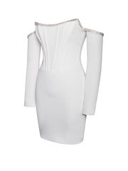 Annika White Off Shoulder Long Trendy Sleeve Corset Dress With Crystal Trim Dresses
