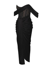Stella Black Off Shoulder Graceful Crystal Corset Satin Gown Dresses
