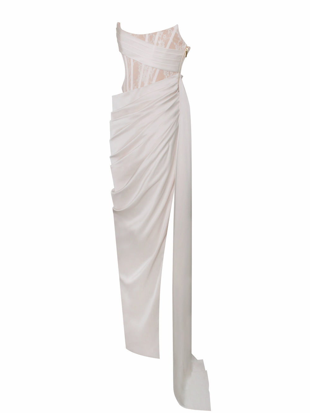 Callie Pearl White Lace Graceful Satin Corset High Slit Gown Gowns