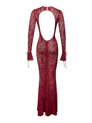 Waylynn Burgundy Burnout Velvet Graceful Detail Mesh Backless Maxi Dress Dresses