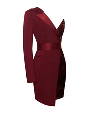Silver Night Wine Red Graceful Sequin Crepe Tuxedo Blazer Dress Dresses