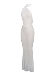 Olena White Burnout Velvet Animal Trendy Print Mesh Halter Neck Maxi Dress Dresses