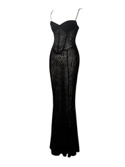 Ulani Black Burnout Velvet Graceful Detail Mesh Maxi Dress Dresses