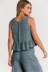 Ruffle Back Button Crop Two Piece Pants Set