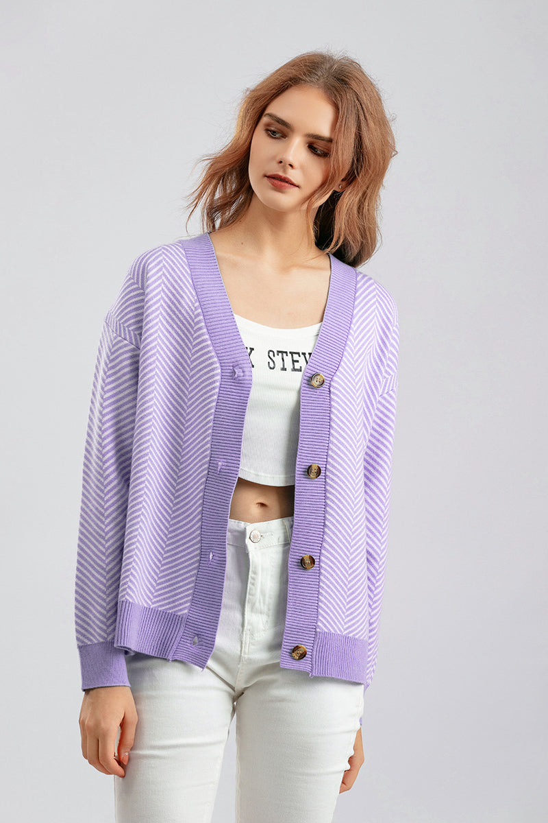 Striped V Neck Buttoned Knit Sweater
