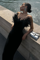 Faux Fur Trim Strapless Bodycon Dress