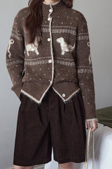 Vintage Stand Collar Puppy Print Jacquard Sweater