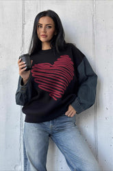 Heart Pattern Crewneck Denim Sweater