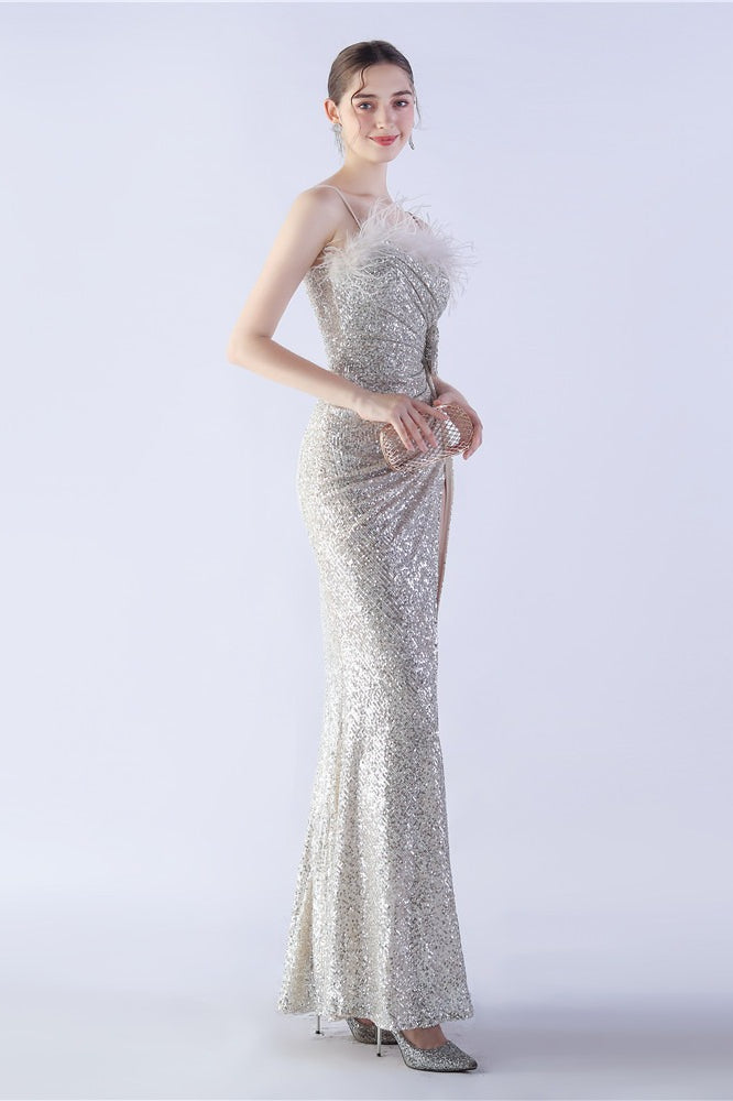 Ostrich Feather Embellished Maxi Dress