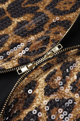 Leopard Sequin Sheer Cape Spaghetti Strap Backless Prom Dress